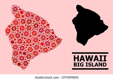 Vector covid-2019 composition map of Hawaii Big Island organized for hospital applications. Red mosaic map of Hawaii Big Island is organized of biohazard coronavirus viral icons.