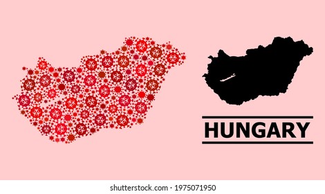 Vector covid-2019 composition map of Hungary combined for clinic illustrations. Red mosaic map of Hungary is constructed of biological hazard covid-2019 viral parts.