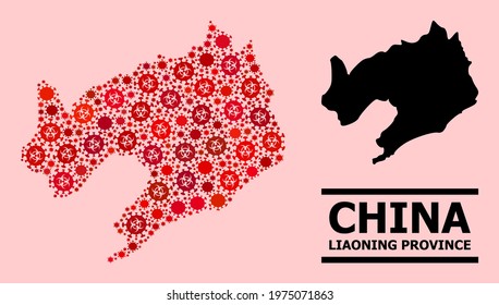Vector covid-2019 composition map of Liaoning Province constructed for hospital wallpapers. Red mosaic map of Liaoning Province is constructed from biological hazard covid-2019 pathogen cells.