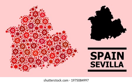 Vector covid-2019 composition map of Sevilla Province designed for pandemic illustrations. Red mosaic map of Sevilla Province is organized of biohazard covid-2019 infection items.