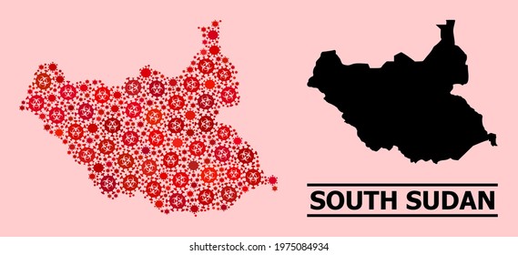 Vector covid-2019 composition map of South Sudan constructed for lockdown posters. Red mosaic map of South Sudan is composed of biohazard covid-2019 pathogen parts.