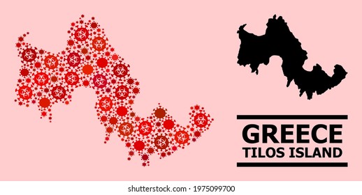 Vector covid-2019 composition map of Tilos Island organized for hospital wallpapers. Red mosaic map of Tilos Island is made of biological hazard covid-2019 pathogen icons.