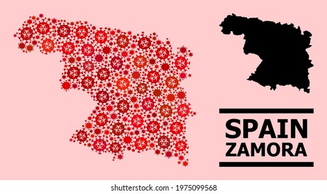 Vector covid-2019 composition map of Zamora Province constructed for vaccination purposes. Red mosaic map of Zamora Province is composed from biological hazard covid-2019 viral icons.