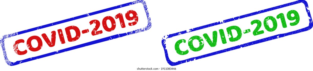 Vector COVID-2019 framed watermarks with unclean surface. Rough bicolor rectangle watermarks. Red, blue, green colors used.