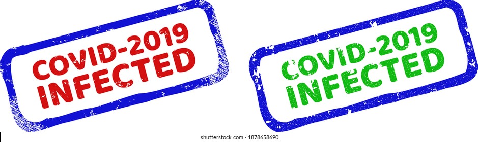 Vector COVID-2019 INFECTED framed watermarks with unclean surface. Rough bicolor rectangle seal stamps. Red, blue, green colors used.