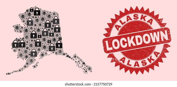Vector Covid-2019 lockdown collage Alaska map and grunge seal. Lockdown red stamp uses sharp rosette shape. Collage Alaska map is created with Covid-2019, and lock items.