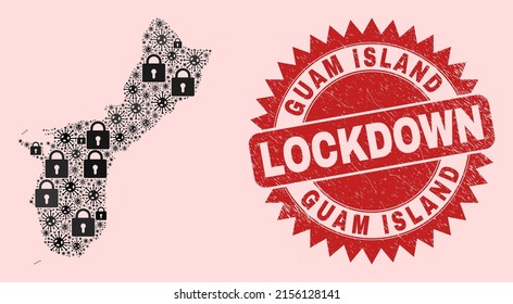 Mapa de la isla Guam del bloqueo del Vector Covid-2019 y sello impuro. El sello rojo de bloqueo utiliza una forma roseta nítida. El mapa de la isla Collage de Guam está diseñado con Covid, e iconos de bloqueo.