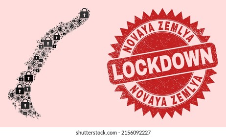 Vector Covid-2019 lockdown collage Novaya Zemlya Islands map and corroded stamp seal. Lockdown red stamp uses sharp rosette form. Collage Novaya Zemlya Islands map is done with covid,