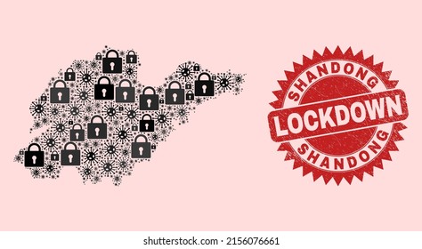Vector Covid-2019 lockdown collage Shandong Province map and textured stamp seal. Lockdown red watermark uses sharp rosette shape. Collage Shandong Province map is formed of covid- 2019 virus,