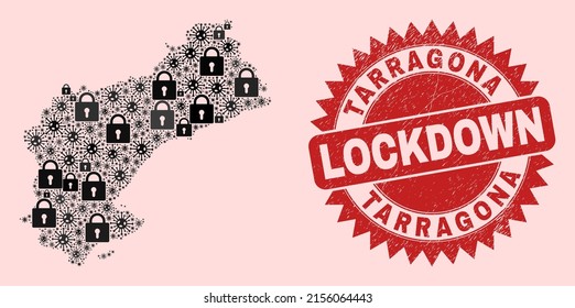 Vector Covid-2019 lockdown collage Tarragona Province map and dirty seal. Lockdown red imprint uses sharp rosette form. Collage Tarragona Province map is made from covid- 2019 virus, and lock icons.