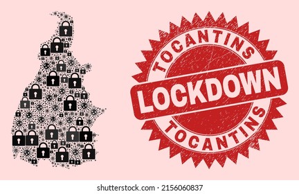 Vector Covid-2019 lockdown collage Tocantins State map and dirty seal. Lockdown red stamp uses sharp rosette form. Collage Tocantins State map is composed with covid- 2019 virus, and lock items.