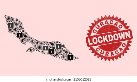 Vector Covid-2019 lockdown combination Curacao Island map and grunge seal. Lockdown red stamp seal uses sharp rosette shape. Collage Curacao Island map is designed of Covid-2019, and locked icons.