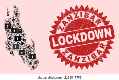 Vector Covid-2019 lockdown combination Zanzibar Island map and unclean stamp print. Lockdown red stamp seal uses sharp rosette form. Collage Zanzibar Island map is organized from covid- 2019 virus,