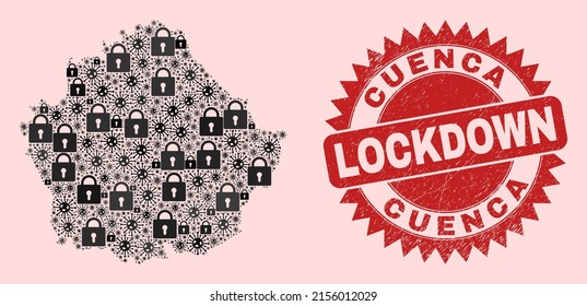 Vector Covid-2019 lockdown composition Cuenca Province map and rubber seal. Lockdown red stamp seal uses sharp rosette form. Collage Cuenca Province map is created with virus, and lock symbols.