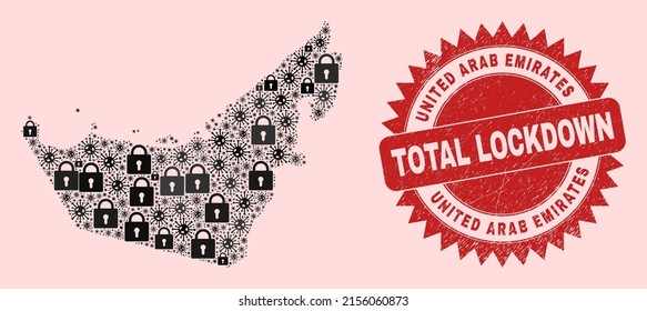 Mosaico de bloqueo del vector Covid-2019 mapa de Emiratos Árabes Unidos y sello sucio. El sello rojo de bloqueo utiliza una forma rosada nítida. El mapa Mosaic de los Emiratos Árabes Unidos está organizado desde Covid, y los elementos de bloqueo.