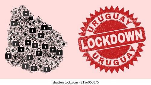 Vektor Covid-2019 lockdown mosaic Uruguay Karte und unlean Siegel. Rote Sperrdichtung verwendet scharfe Rosette Form. Collage Uruguay Karte ist mit Covid-2019 konstruiert und abgeschlossen Symbole.