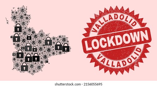 Vector Covid-2019 lockdown mosaic Valladolid Province map and grunge stamp print. Lockdown red stamp uses sharp rosette form. Mosaic Valladolid Province map is formed with covid, and lock icons.