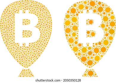Globo de bitcoína de mosaico Vector covid-2019 creado para afiches de bloqueo. El globo de bitcoína mosaico se basa en un icono y se hace con partes patógenas de biohazard covid-2019.