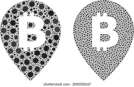 Vector covid-2019 mosaic bitcoin map pointer done for pharmacy posters. Mosaic bitcoin map pointer is based on icon and it is formed from biological hazard flu infection elements.