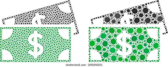 Vector covid-2019 mosaic dollar banknotes created for vaccination illustrations. Mosaic dollar banknotes is based on icon and it is created with biological hazard covid infection items.