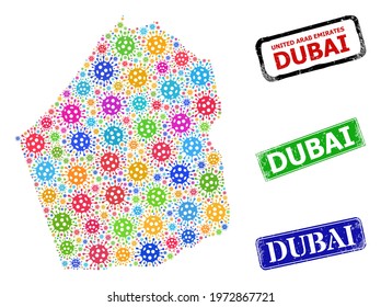 Vector Covid-2019 mosaic Dubai Emirate map, and grunge Dubai seal stamps. Vector colored Dubai Emirate map mosaic, and Dubai rubber framed rectangle stamps.