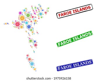 Vector Covid-2019 mosaic Faroe Islands map, and grunge Faroe Islands seal stamps. Vector multi-colored Faroe Islands map mosaic, and Faroe Islands grunge framed rectangle stamps.
