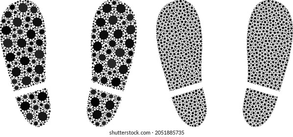 Vector covid-2019 mosaic human footprints done for pharmacy posters. Mosaic human footprints is based on icon and it is organized from biological hazard covid-2019 pathogen icons.