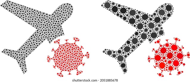 Vector covid-2019 mosaic infected airplane designed for health care wallpapers. Mosaic infected airplane is based on icon and it is composed from biological hazard covid-2019 viral icons.