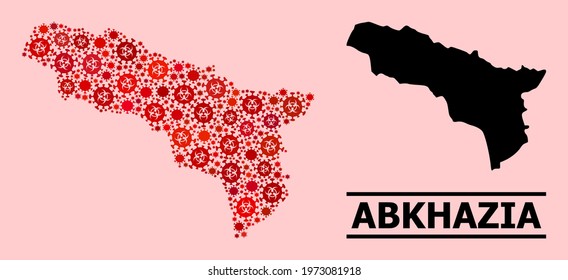 Vector covid-2019 mosaic map of Abkhazia created for vaccination wallpapers. Red mosaic map of Abkhazia is created of biological hazard covid-2019 viral elements.