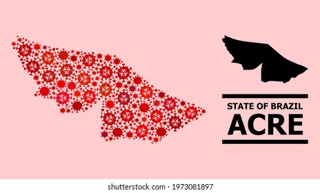 Vector covid-2019 mosaic map of Acre State organized for vaccination illustrations. Red mosaic map of Acre State is created with biohazard covid-2019 infection cells.