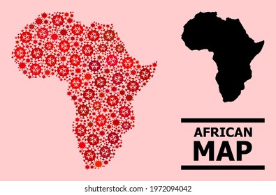 Vector Covid-2019 Mosaic Map Of Africa Created For Doctor Wallpapers. Red Mosaic Map Of Africa Is Composed From Biohazard Covid Infection Elements.