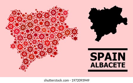 Vector covid-2019 mosaic map of Albacete Province designed for clinic posters. Red mosaic map of Albacete Province is shaped from biohazard covid-2019 pathogen elements.
