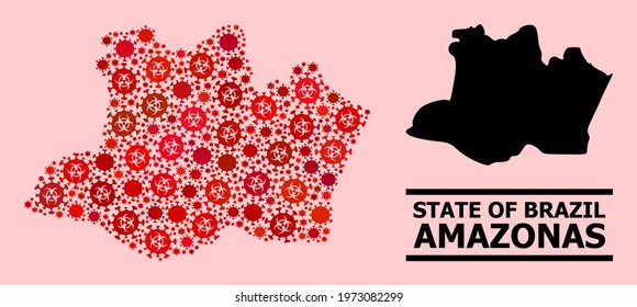 Vector covid-2019 mosaic map of Amazonas State created for lockdown wallpapers. Red mosaic map of Amazonas State is organized from biological hazard covid-2019 infection icons.