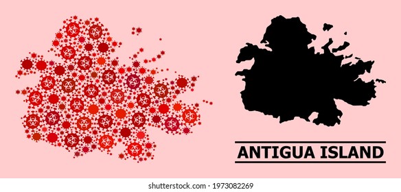 Vector covid-2019 mosaic map of Antigua Island constructed for lockdown applications. Red mosaic map of Antigua Island is constructed with biological hazard covid infection items.
