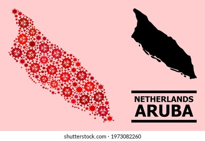 Vector covid-2019 mosaic map of Aruba Island done for lockdown applications. Red mosaic map of Aruba Island is organized from biological hazard covid-2019 pathogen cells.