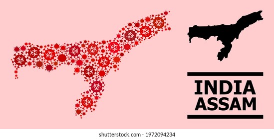 Vector covid-2019 mosaic map of Assam State created for pharmacy advertisement. Red mosaic map of Assam State is formed with biohazard covid viral elements.