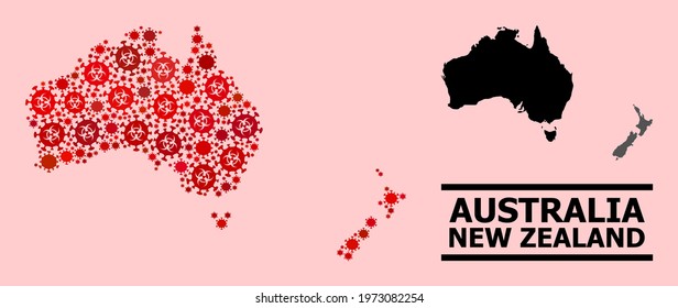 Vector covid-2019 mosaic map of Australia and New Zealand done for lockdown applications. Red mosaic map of Australia and New Zealand is shaped with biohazard covid infection elements.