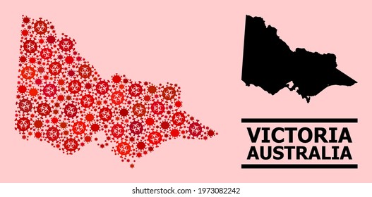 Vector covid-2019 mosaic map of Australian Victoria constructed for doctor posters. Red mosaic map of Australian Victoria is made of biological hazard covid-2019 infection cells.