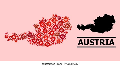 Vector covid-2019 mosaic map of Austria created for hospital illustrations. Red mosaic map of Austria is shaped from biohazard covid-2019 infection parts.