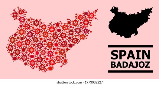 Vector covid-2019 mosaic map of Badajoz Province created for doctor advertisement. Red mosaic map of Badajoz Province is created from biological hazard covid pathogen items.
