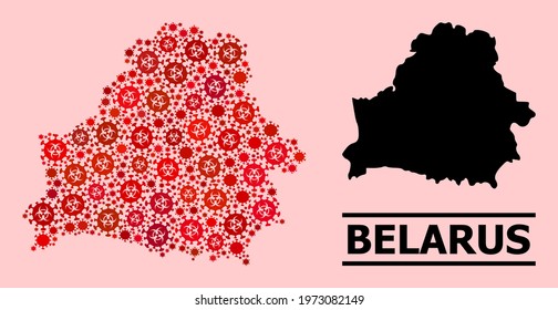 Vector covid-2019 mosaic map of Belarus created for clinic projects. Red mosaic map of Belarus is created of biohazard covid viral items.
