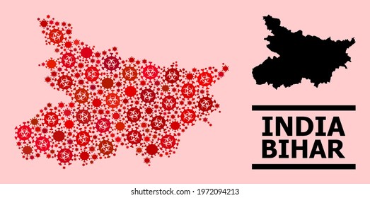 Vector covid-2019 mosaic map of Bihar State created for clinic advertisement. Red mosaic map of Bihar State is created of biohazard coronavirus pathogen cells.