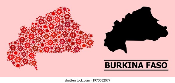 Vector covid-2019 mosaic map of Burkina Faso designed for hospital illustrations. Red mosaic map of Burkina Faso is designed with biological hazard coronavirus viral items.