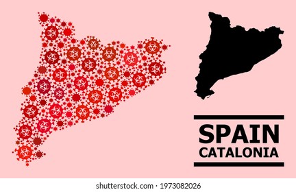 Vector covid-2019 mosaic map of Catalonia designed for pharmacy applications. Red mosaic map of Catalonia is organized of biological hazard covid infection icons.