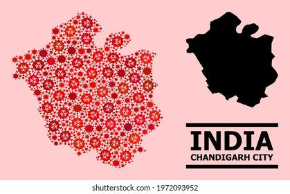 Vector covid-2019 mosaic map of Chandigarh City combined for hospital projects. Red mosaic map of Chandigarh City is formed of biohazard covid-2019 infection icons.