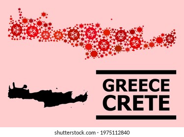 Vector covid-2019 mosaic map of Crete Island combined for vaccination wallpapers. Red mosaic map of Crete Island is shaped from biological hazard covid-2019 pathogen cells.