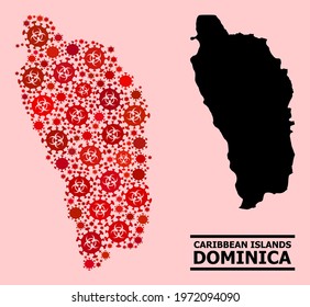 Vector covid-2019 mosaic map of Dominica Island done for health care projects. Red mosaic map of Dominica Island is done with biohazard covid pathogen elements.