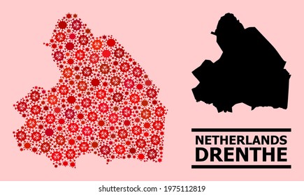 Vector covid-2019 mosaic map of Drenthe Province created for hospital wallpapers. Red mosaic map of Drenthe Province is designed of biohazard covid-2019 pathogen parts.