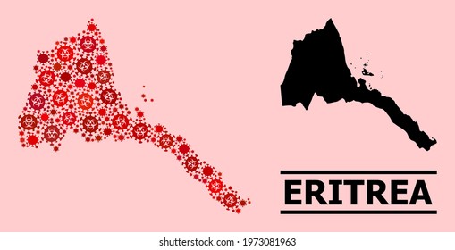 Vector covid-2019 mosaic map of Eritrea constructed for pharmacy projects. Red mosaic map of Eritrea is shaped of biohazard covid-2019 viral items.