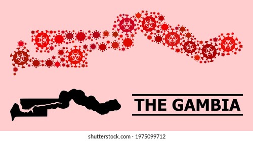 Vector covid-2019 mosaic map of the Gambia constructed for doctor advertisement. Red mosaic map of the Gambia is formed of biological hazard covid pathogen parts.